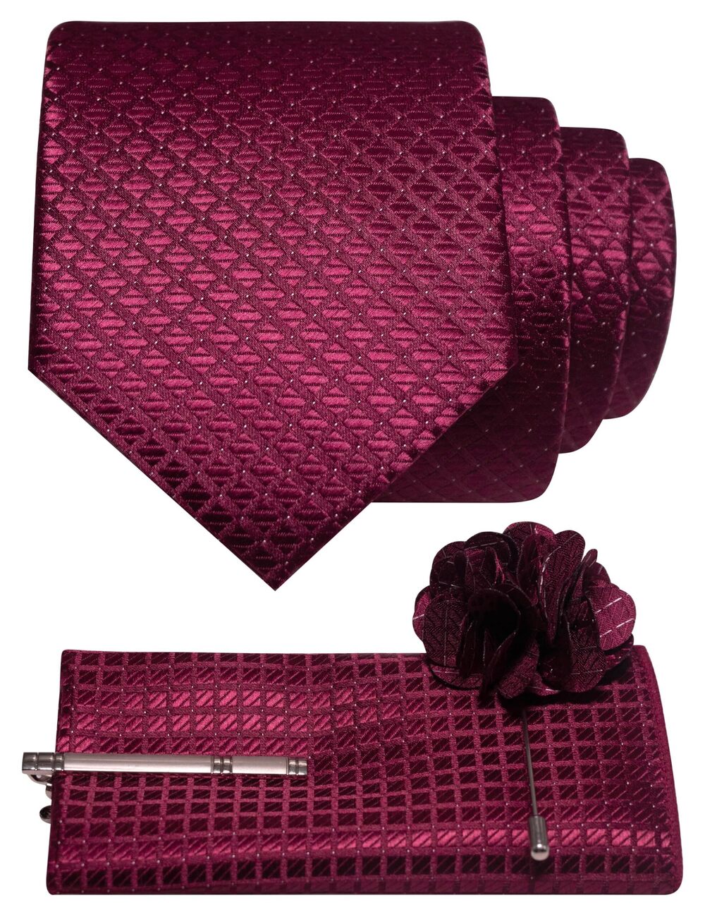 5606 Plaid Burgundy Tie and Lapel Pin Necktie Pocket Square and Tie Clip